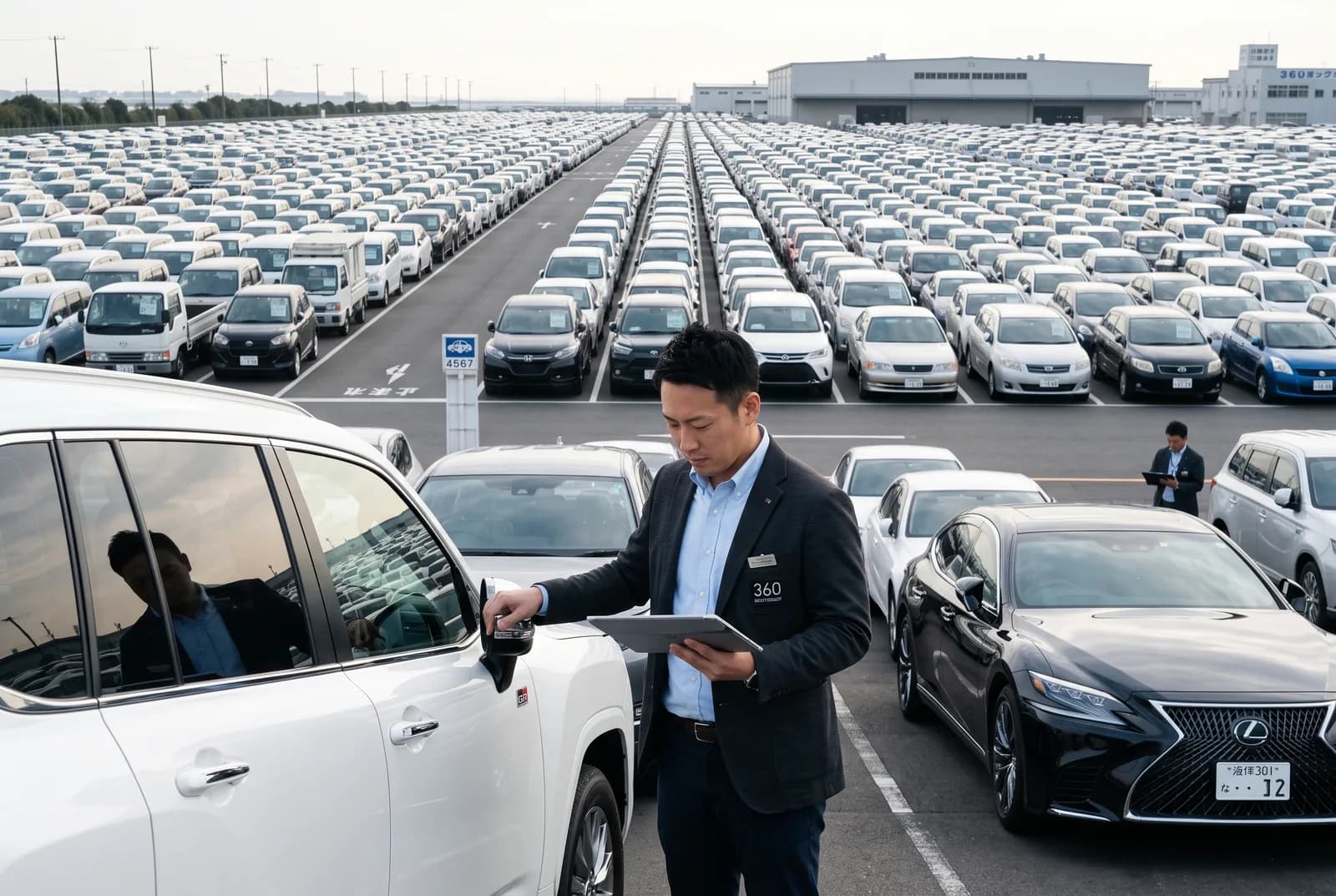 360 Moto buying representative inspecting a vehicle at a Japanese auction yard