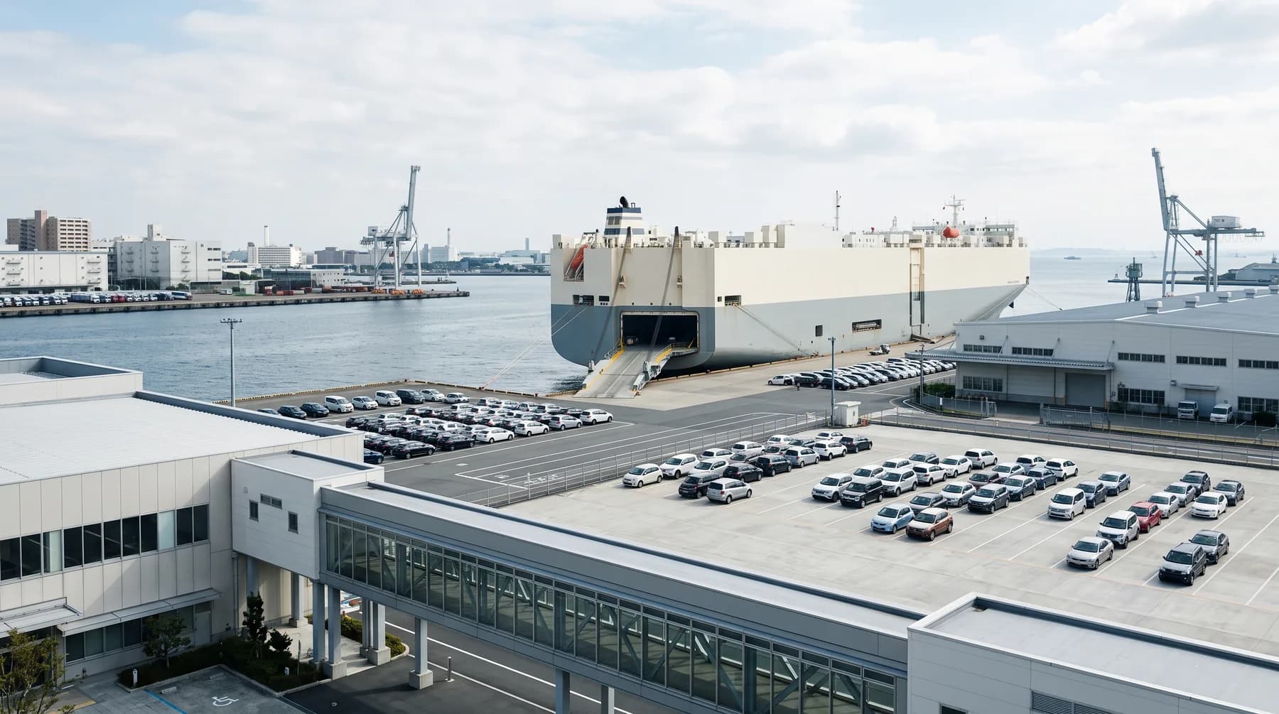 Japanese vehicle export terminal with a carrier ready for loading