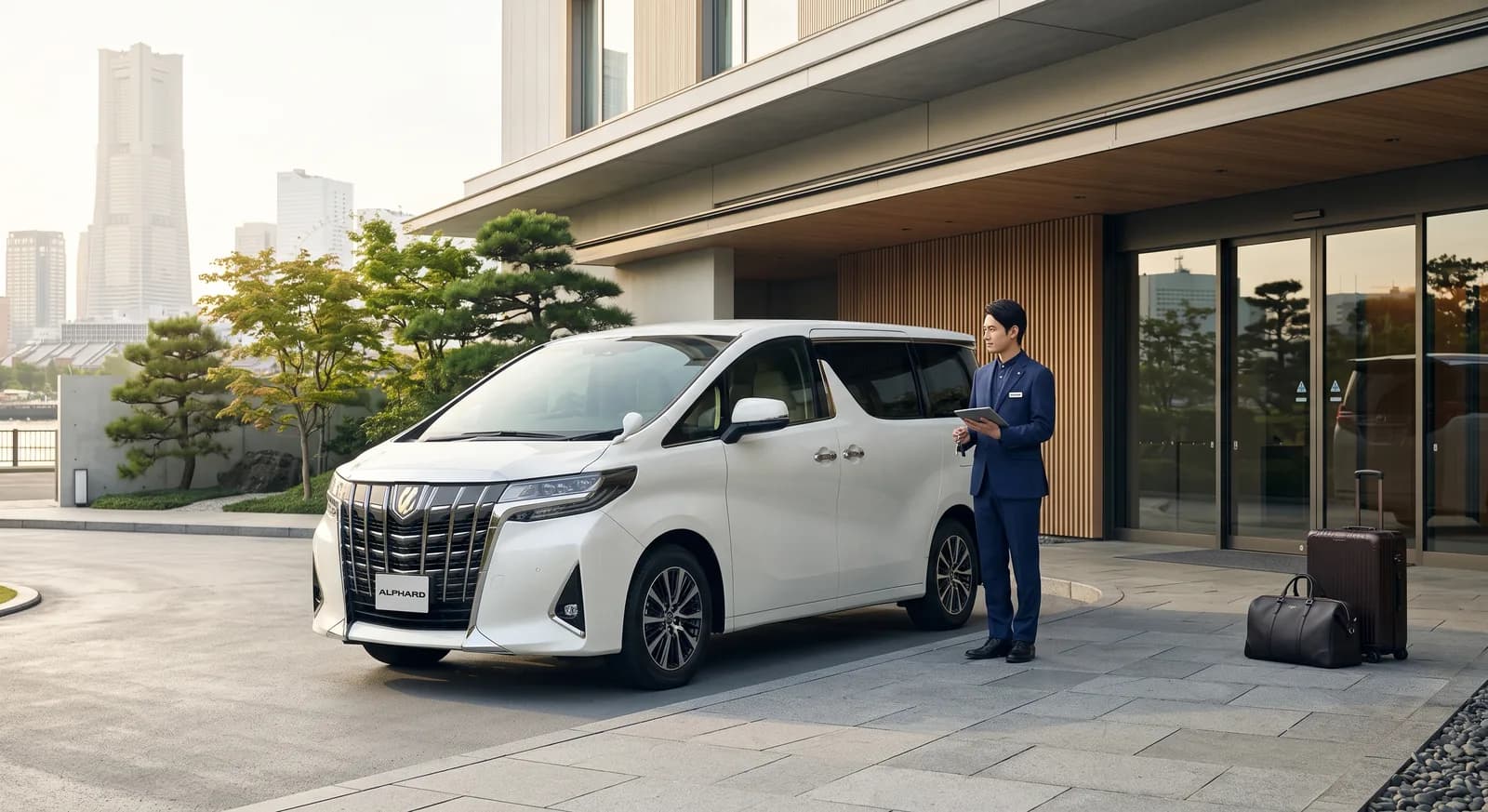 Luxury rental minivan prepared outside a Japanese hotel