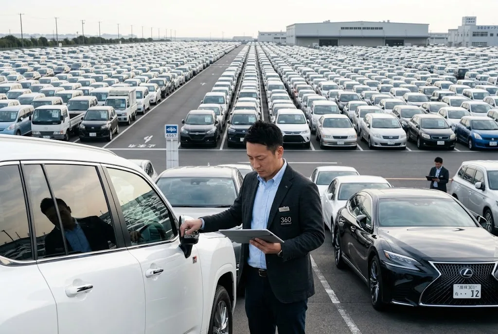 360 Moto buying representative inspecting a vehicle in Japan