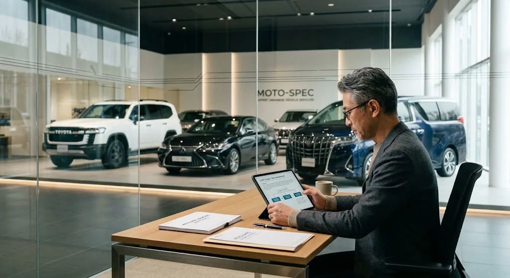 Customer reviewing a Japanese vehicle quotation with 360 Moto