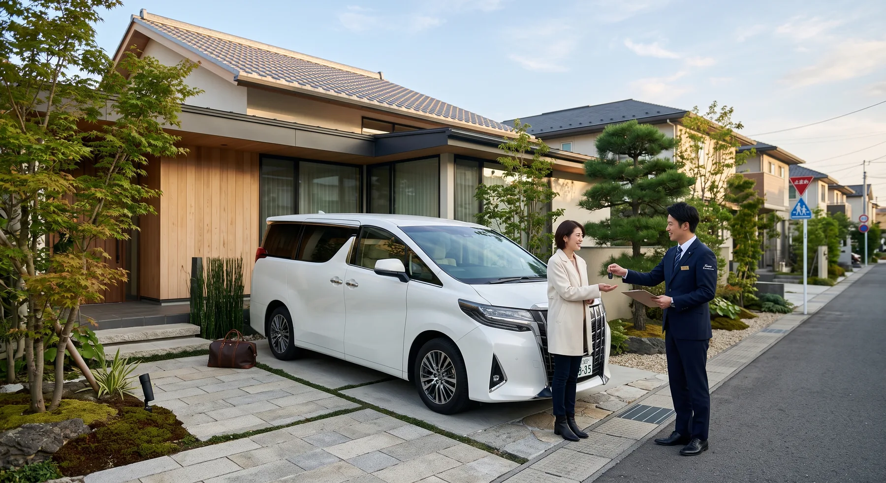 Luxury rental minivan handover at a Japanese residence