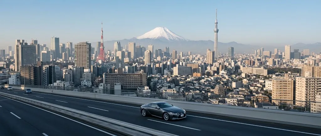 Tokyo skyline, Mount Fuji and a Japanese vehicle on the expressway