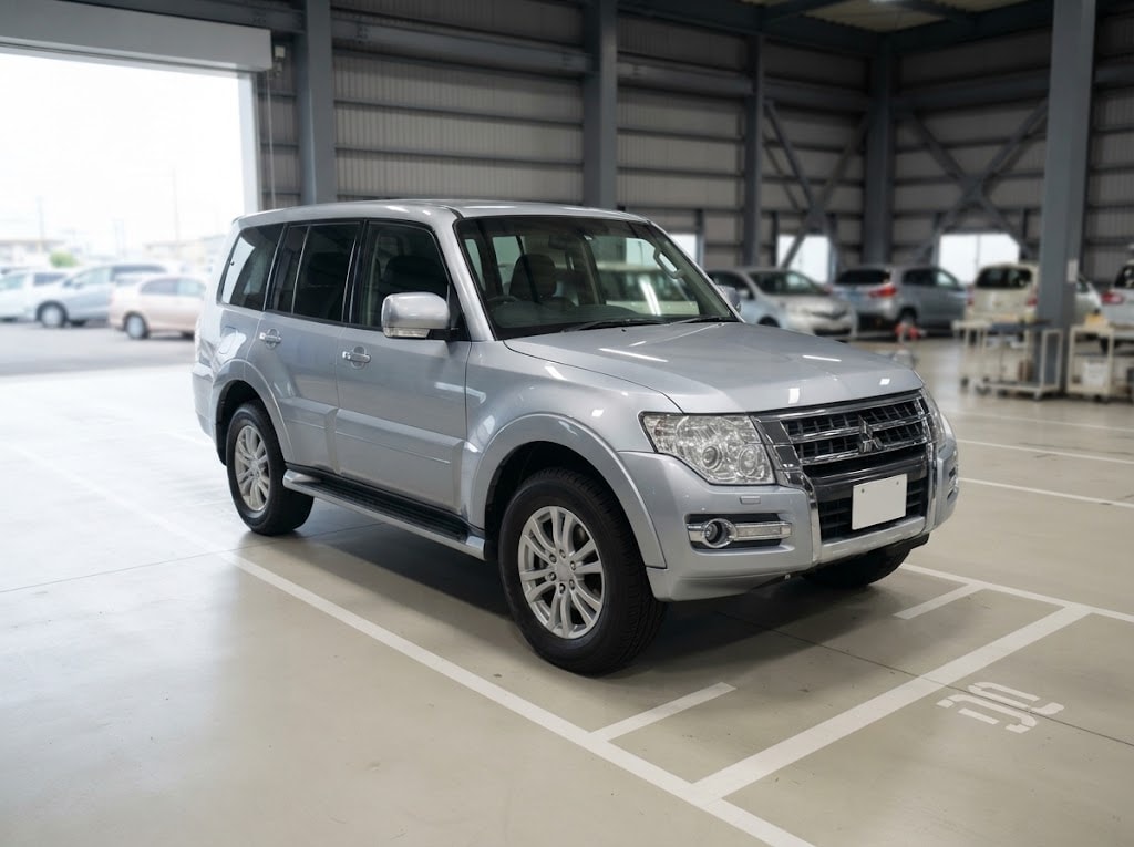 Silver Mitsubishi Pajero in a Japanese inspection facility
