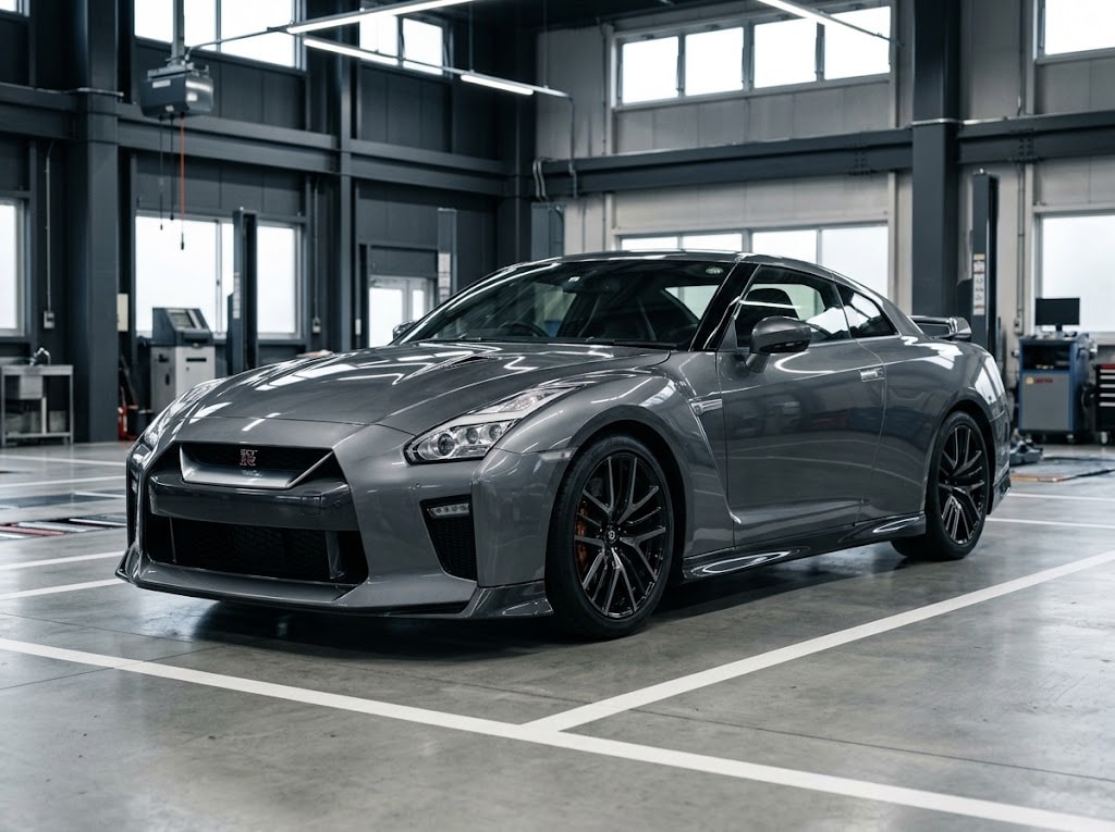 Gunmetal Nissan GT-R R35 in a Japanese inspection facility