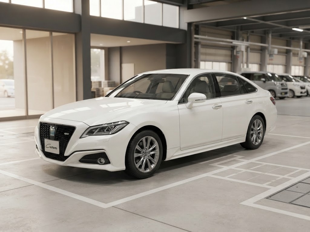 White Toyota Crown in a Japanese inspection facility