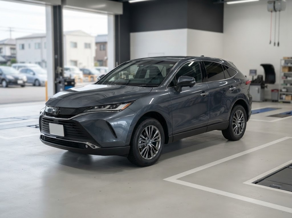 Dark gray Toyota Harrier in a Japanese inspection facility