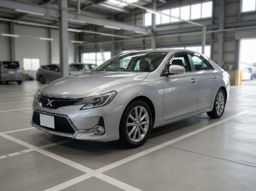 Silver Toyota Mark X in a Japanese inspection facility