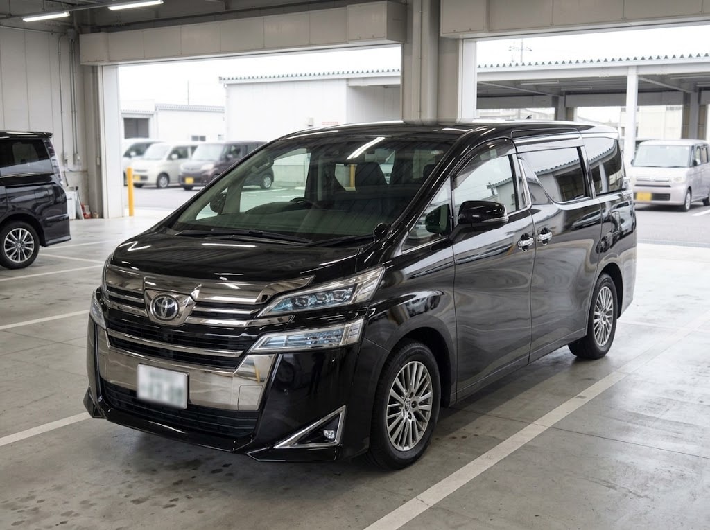 Black Toyota Vellfire in a Japanese inspection facility