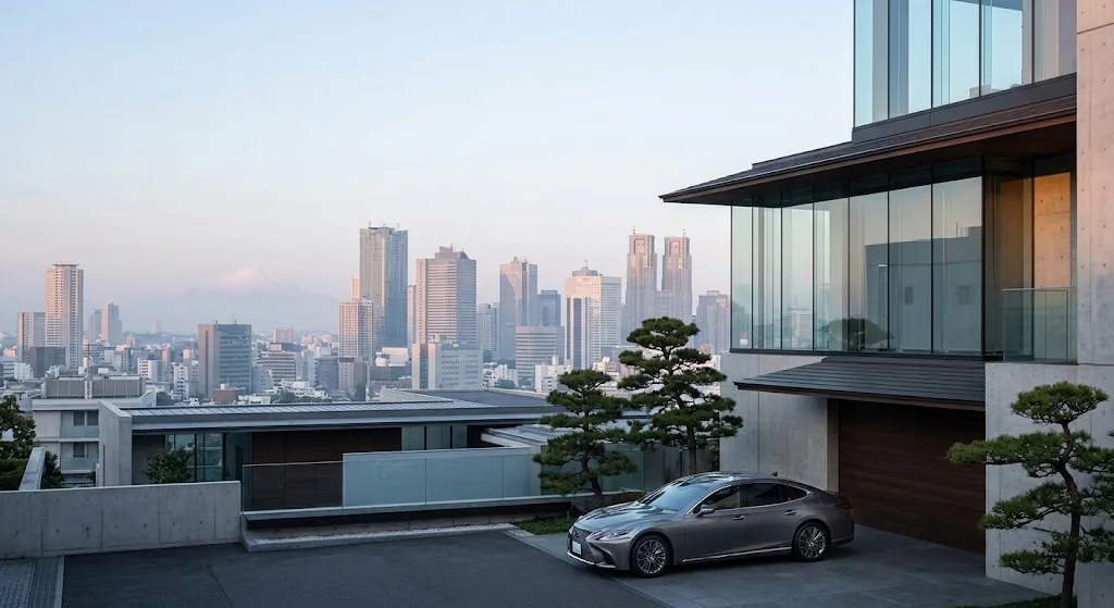 Japanese automotive office overlooking Tokyo with a premium sedan