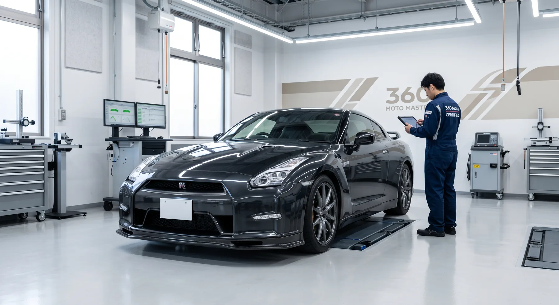 360 Moto certified inspection facility with a Nissan GT-R