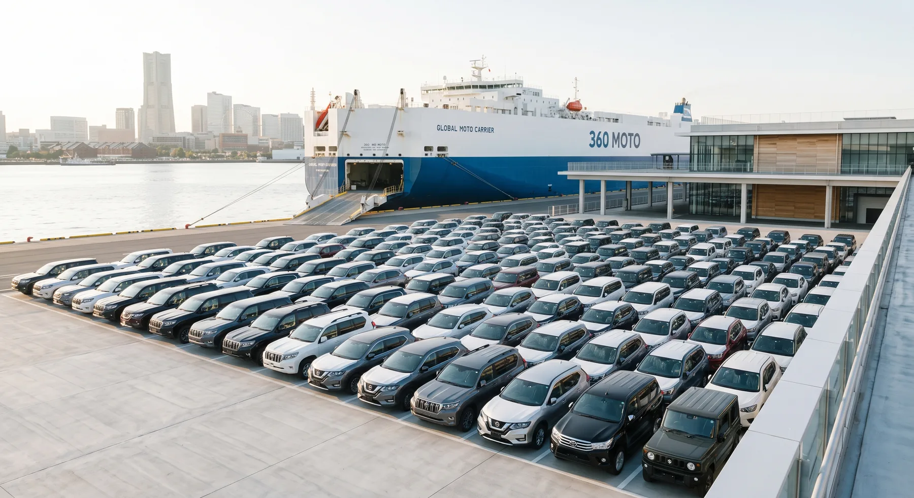 Japanese vehicle export terminal with a 360 Moto vehicle carrier