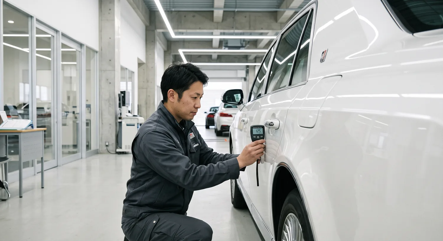 Technician measuring paint depth on a Japanese vehicle