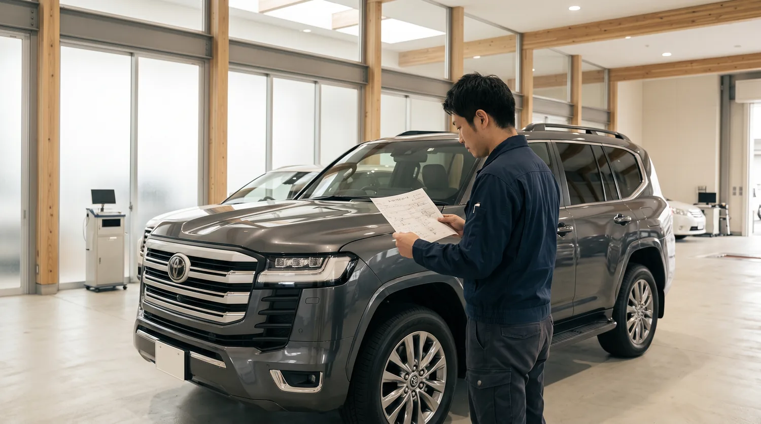 Technician reviewing a Japanese vehicle inspection sheet beside a Toyota Land Cruiser