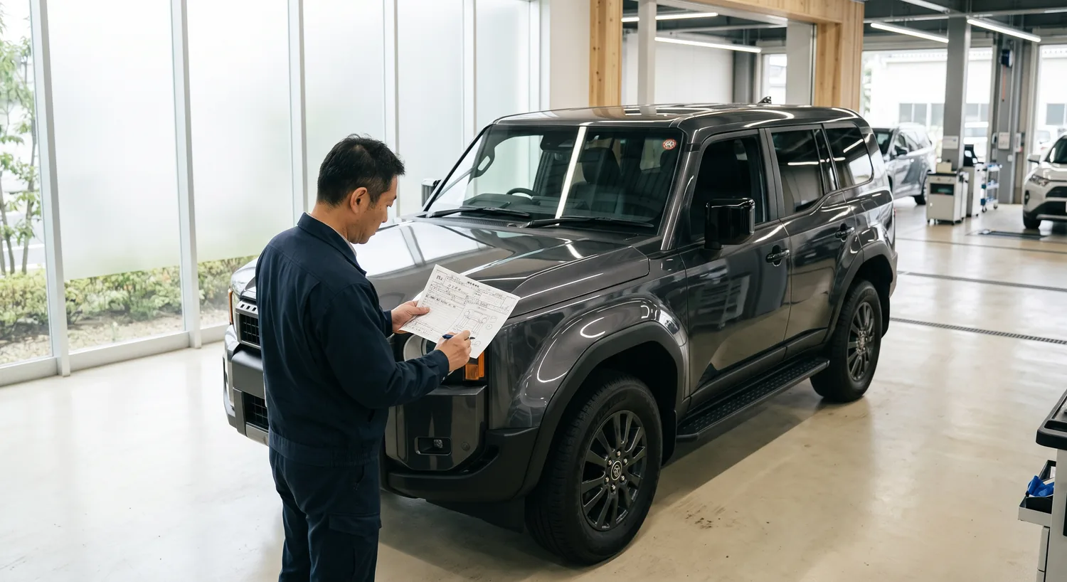 Inspector documenting the visible condition of a Japanese SUV