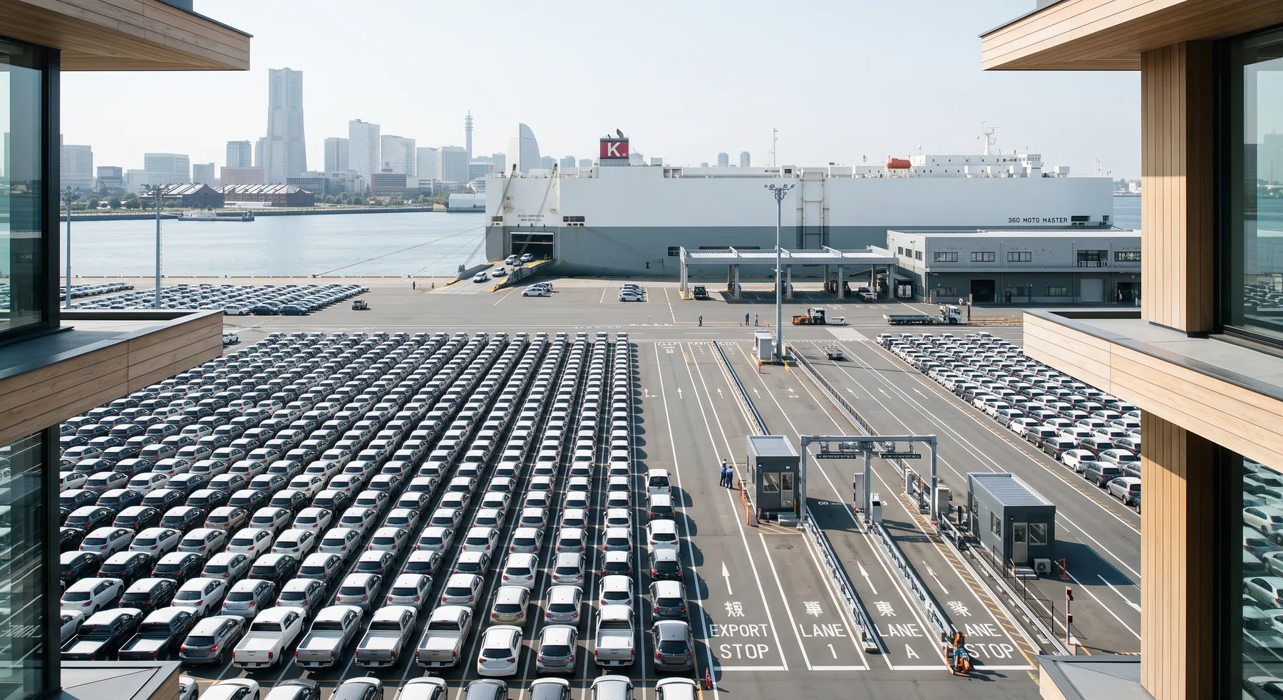 Japanese export port and vehicle carrier viewed across the loading lanes