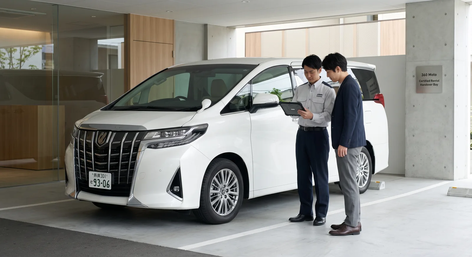 Premium rental minivan handover with the customer in Japan